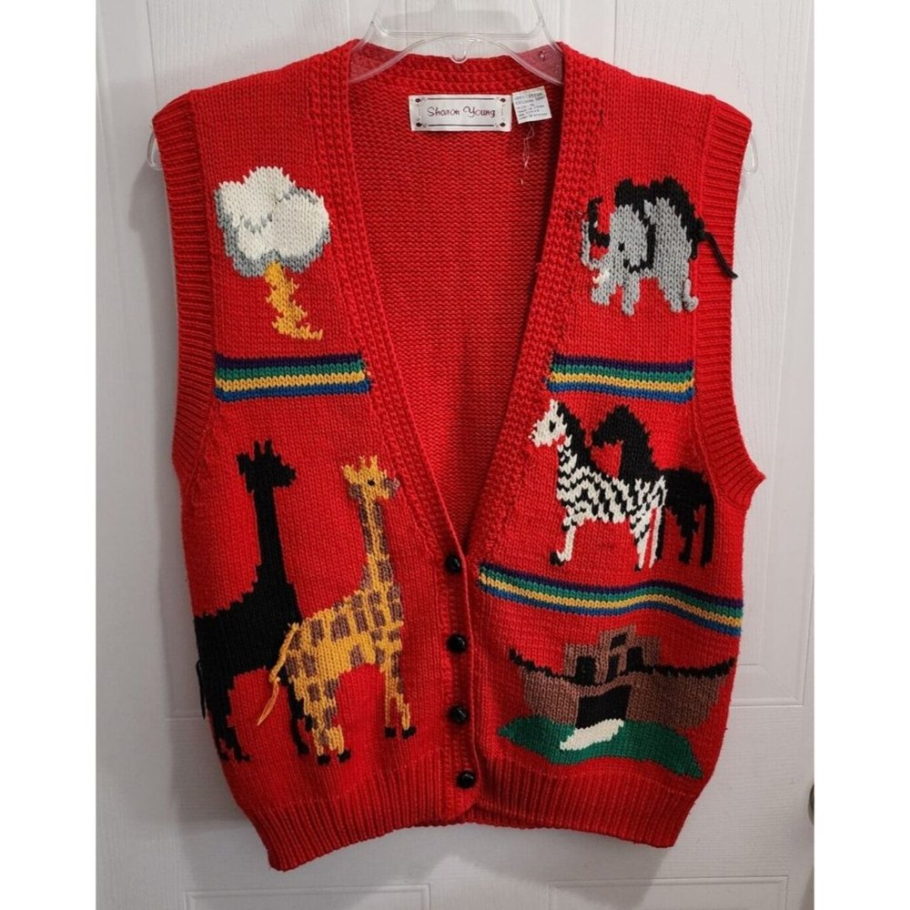Sharon Young Women's Sleeveless Knit Cardigan Sweater Vest Noah's Ark Red Size S